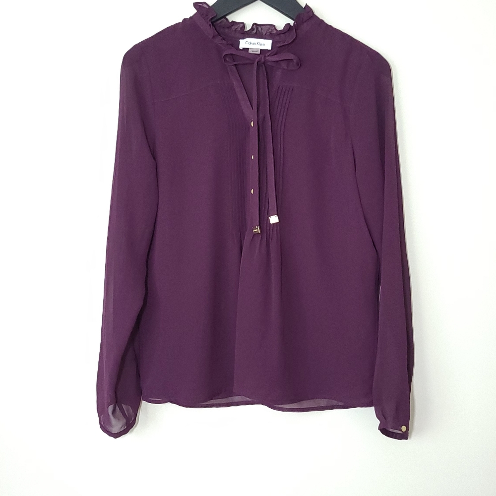 Calvin Klein Tie Neck Sheer Long Sleeve Blouse Top